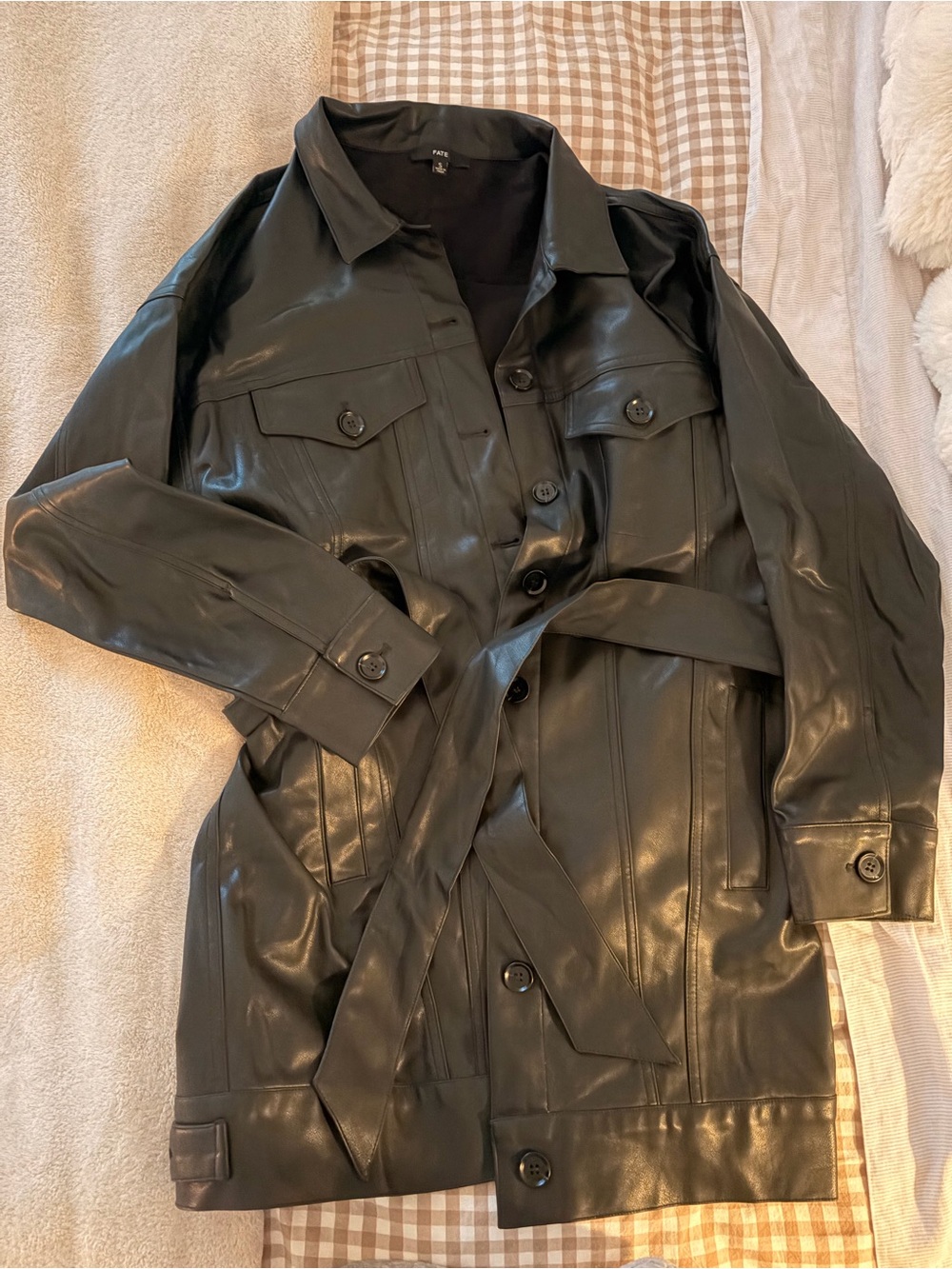 Fate Black Faux Leather Button-Up Trench Jacket with Waist Tie